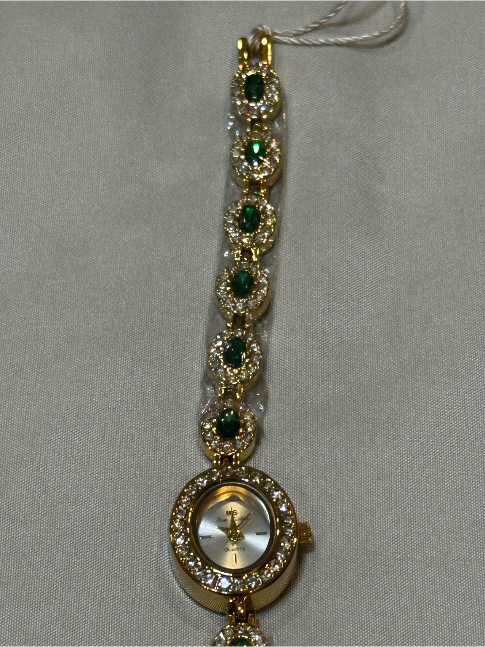 Vintage Inspired Dainty Gold-Tone Ladies Bracelet Watch with Green Stone Accents - Picture 10 of 14
